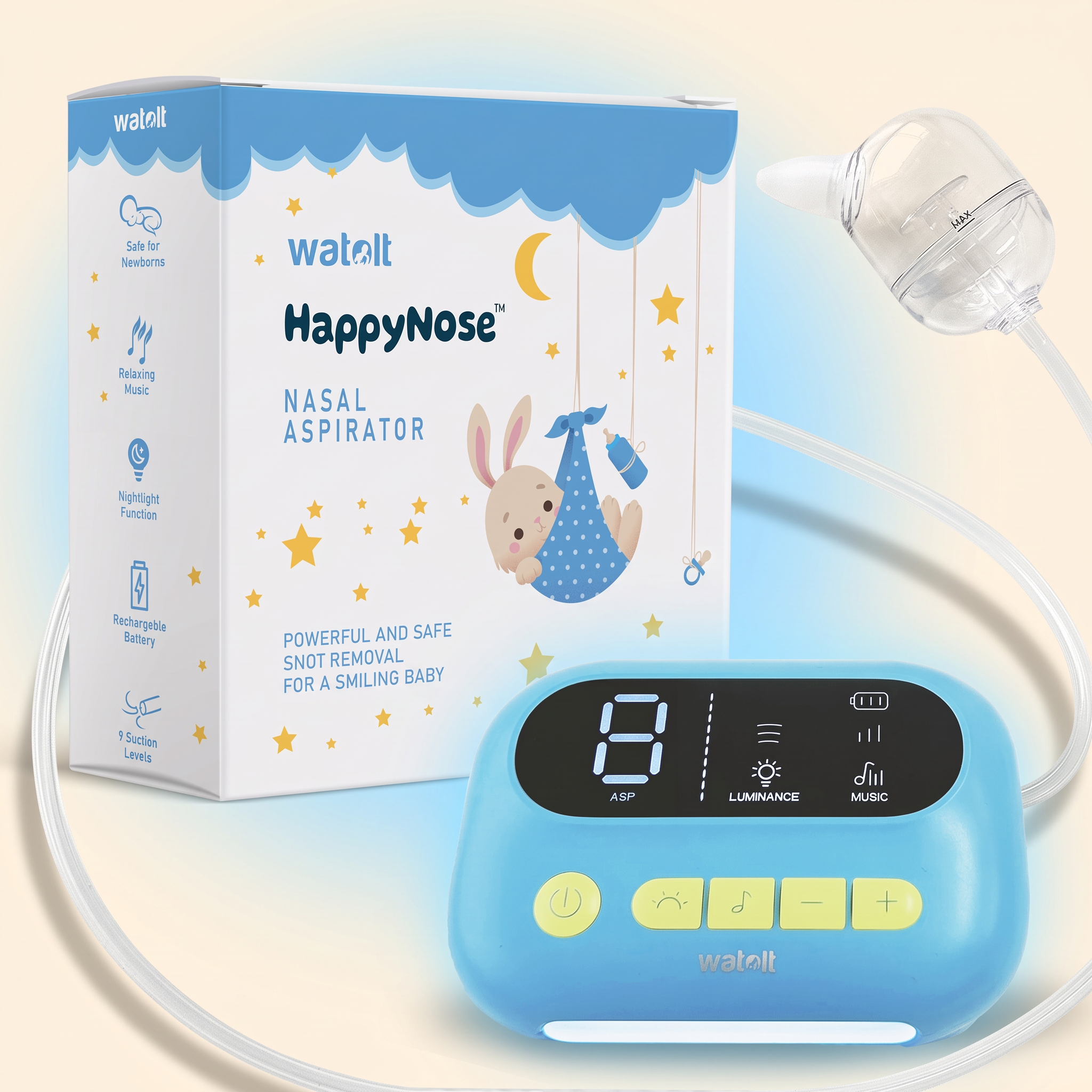 HappyNose manual baby nasal aspirator on a folded muslin cloth