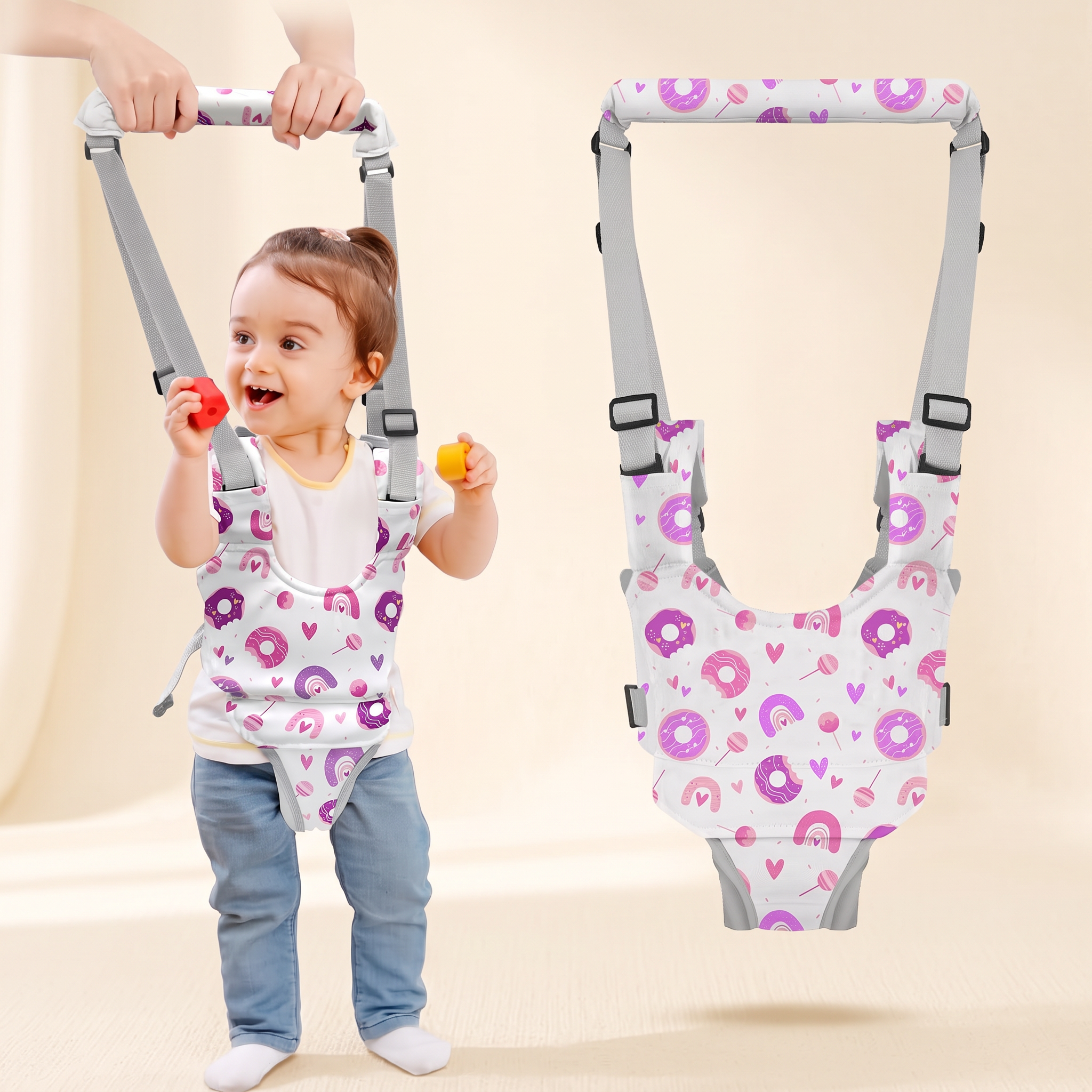 Watolt baby walking harness on a cream blanket in a warm nursery
